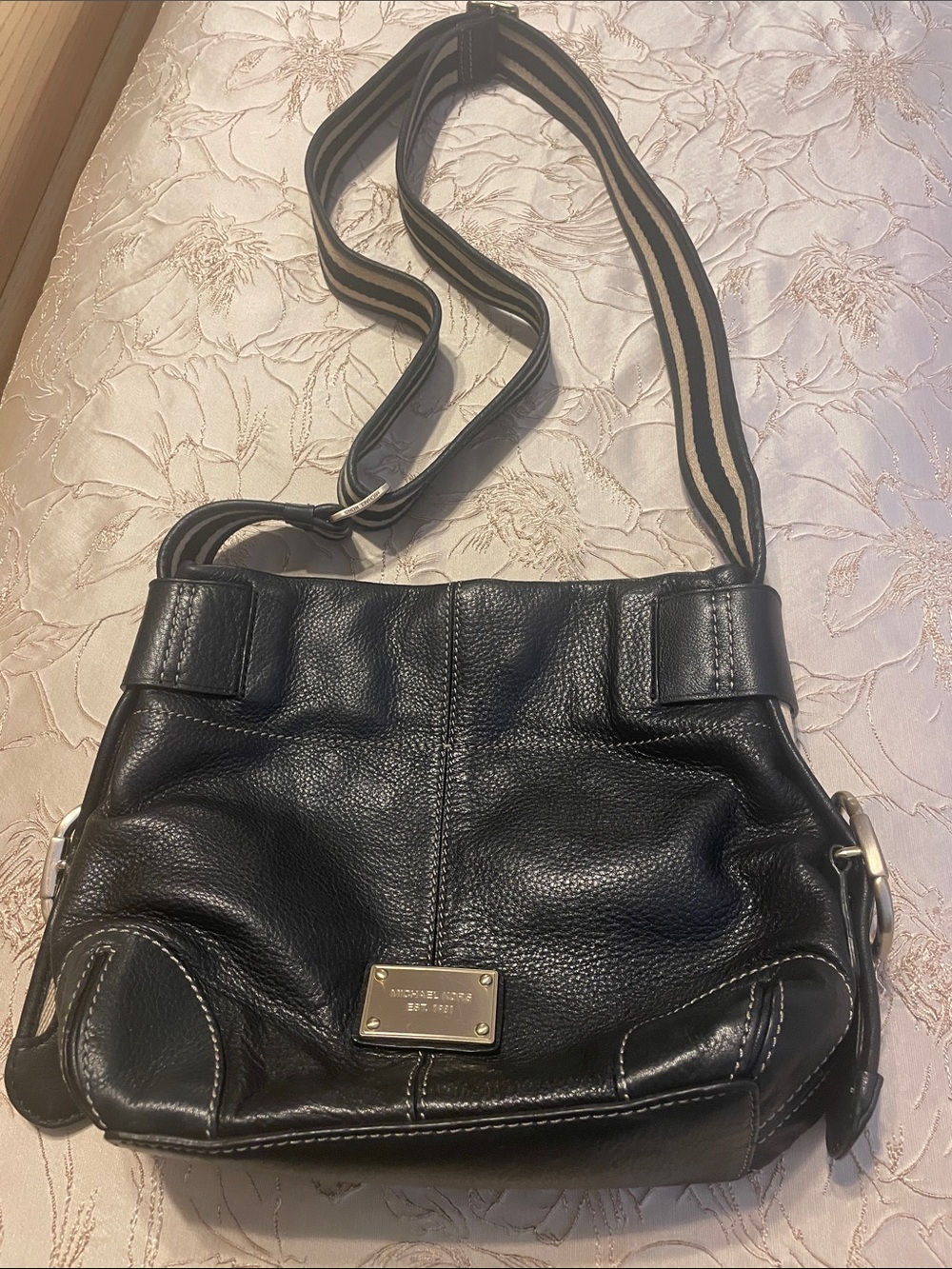 Michael Kors Black Leather Crossbody with Striped Webbing Strap